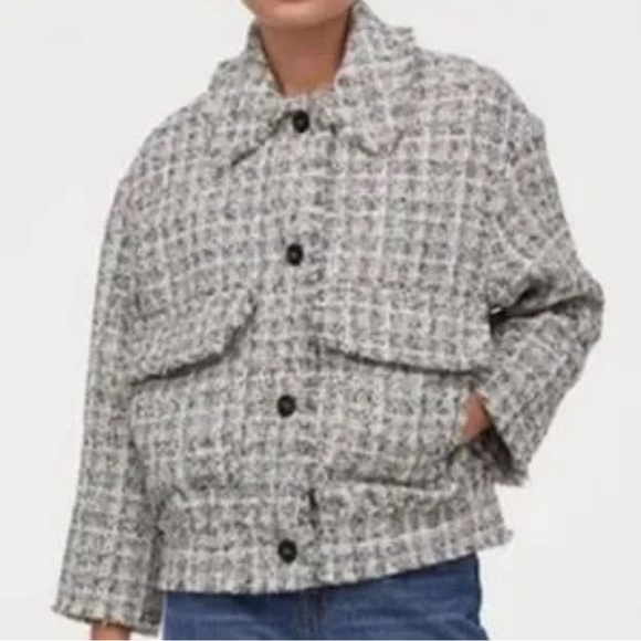 H&M Tweed Textured-Weave White And Black Cropped Bomber Jacket Size XS - Picture 5 of 13